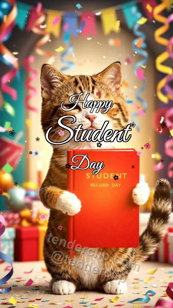 Animated greeting card about Happy Student Day: Kitten With Lucky Record Book