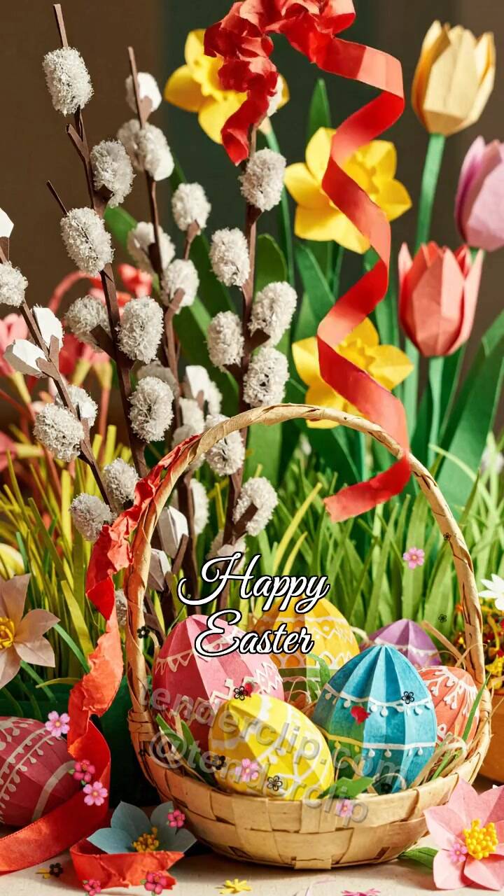 Animated greeting card about Happy Easter: ribbon fixes the decoration