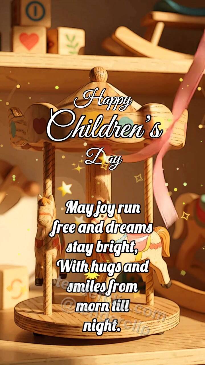 Animated greeting card about Happy Children’s Day: Carousel Catches Ribbon