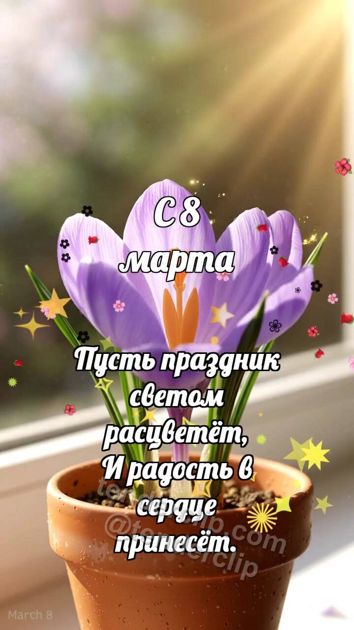 Анимационная открытка на тему С 8 марта: Крокус раскрывает искру