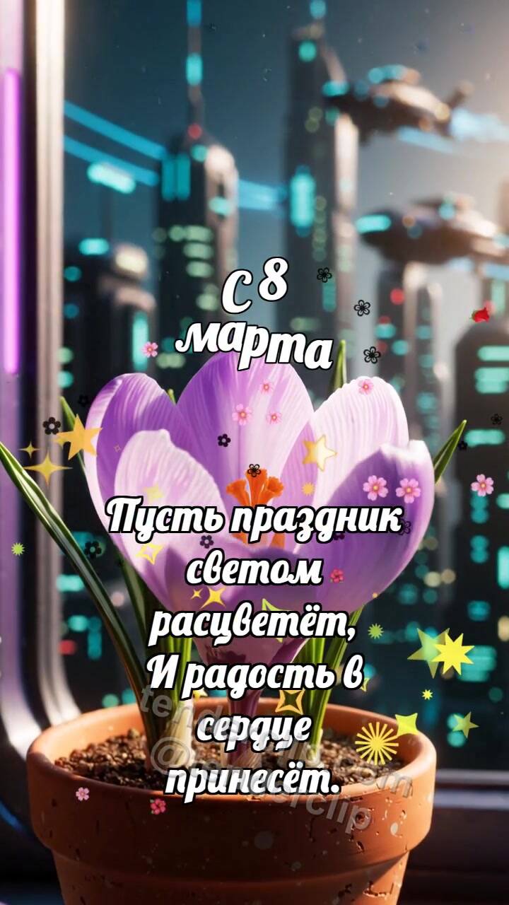 Анимационная открытка на тему С 8 марта: Крокус раскрывает искру