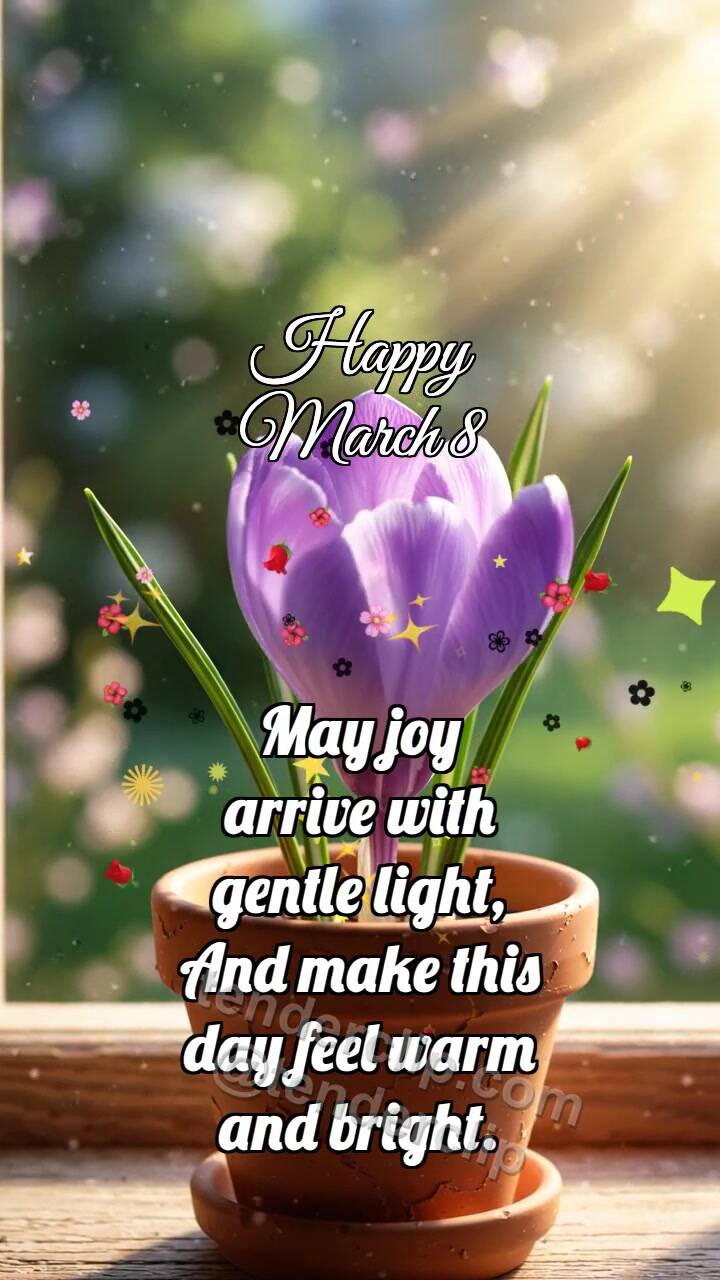 Animated greeting card about Happy March 8: Crocus Opens Spark