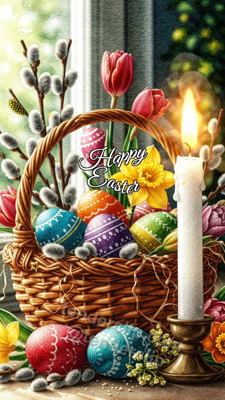 Animated greeting card about Happy Easter: candle shares warm light