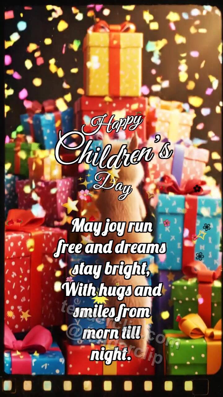 Animated greeting card about Happy Children’s Day: Squirrel On Toy Gifts