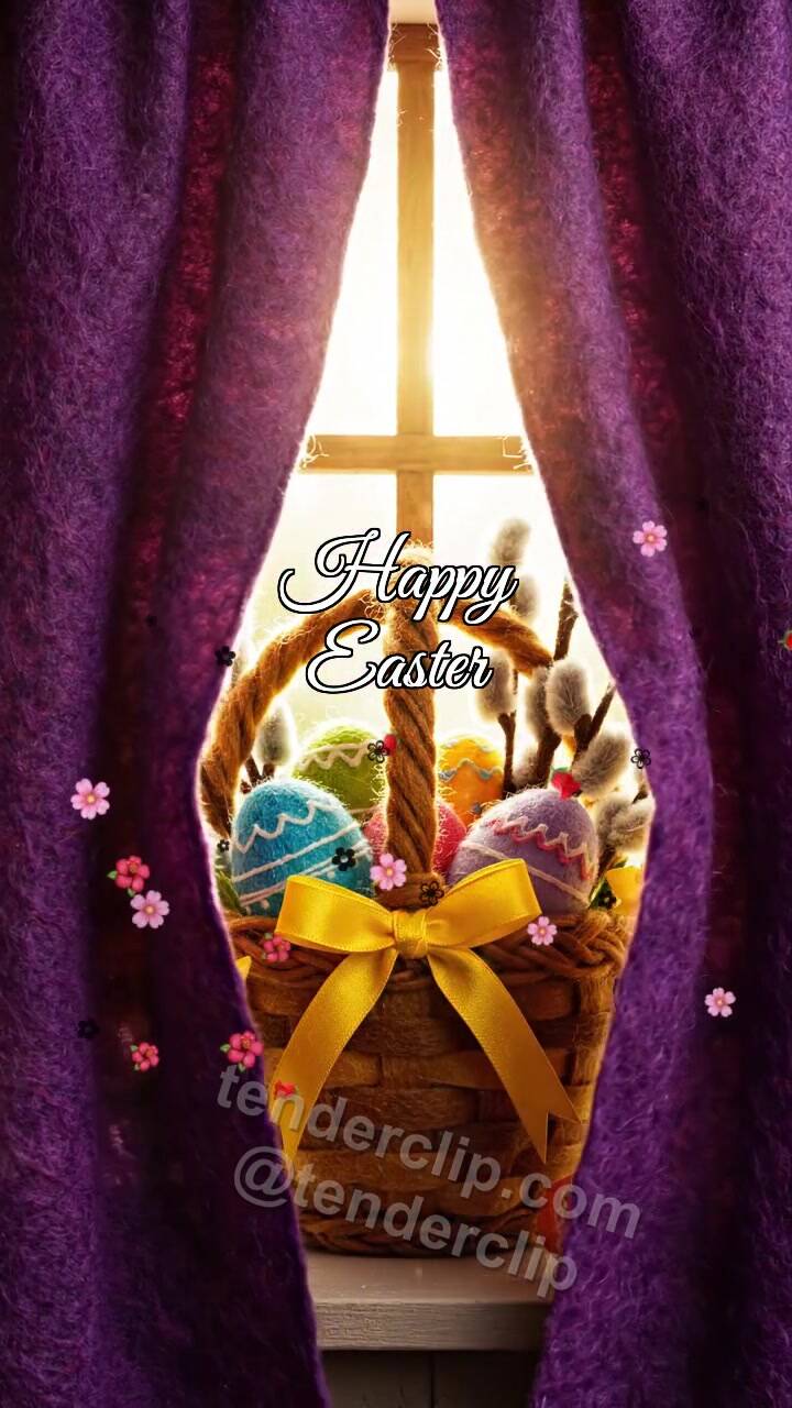 Animated greeting card about Happy Easter: window reveals the holiday scene