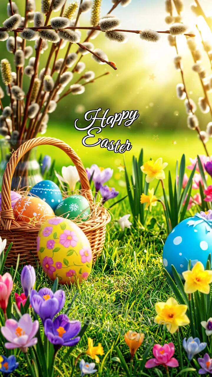 Animated greeting card about Happy Easter: two symbols meet