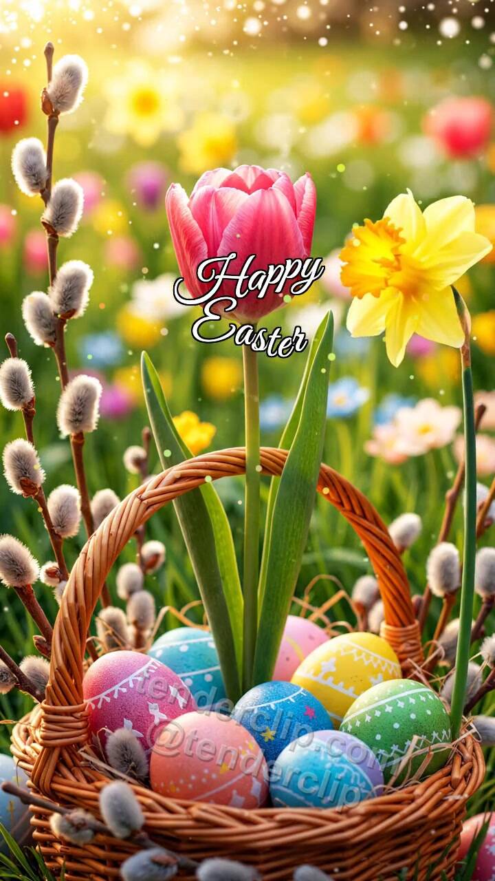 Animated greeting card about Happy Easter: flower is offered forward