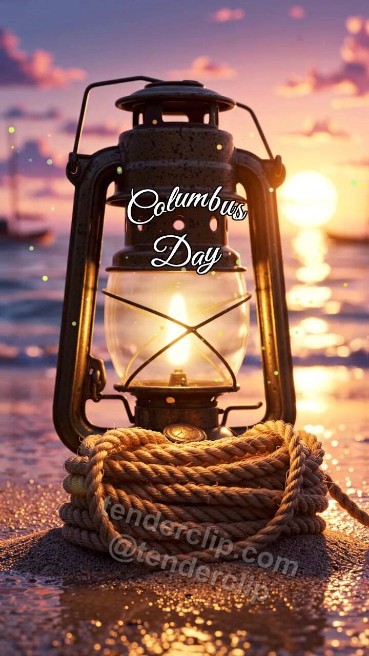 Animated greeting card about Columbus Day: Cabin Lantern Warms Rope