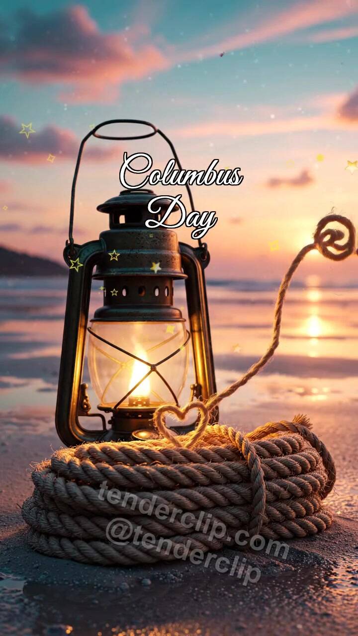 Animated greeting card about Columbus Day: Cabin Lantern Warms Rope