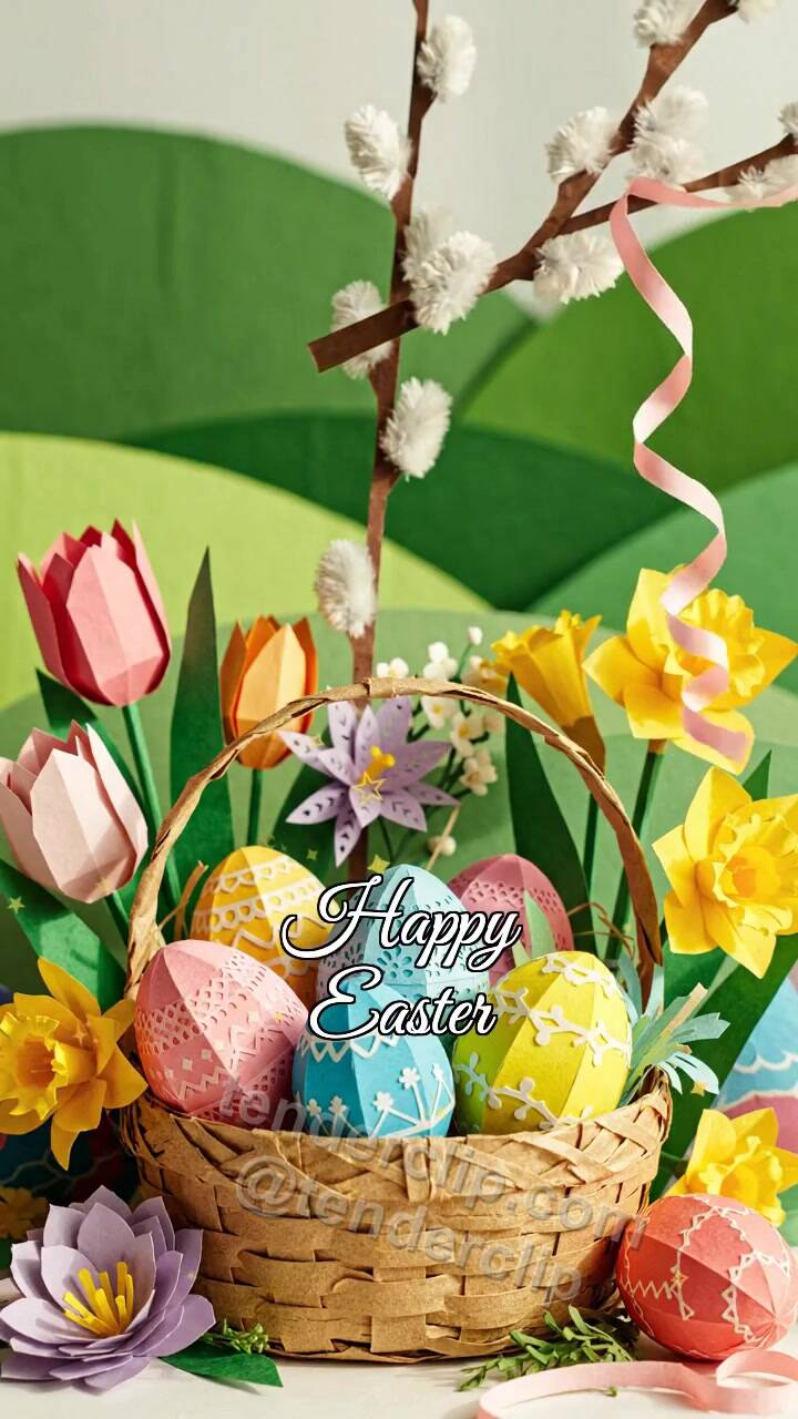 Animated greeting card about Happy Easter: wind returns the symbol