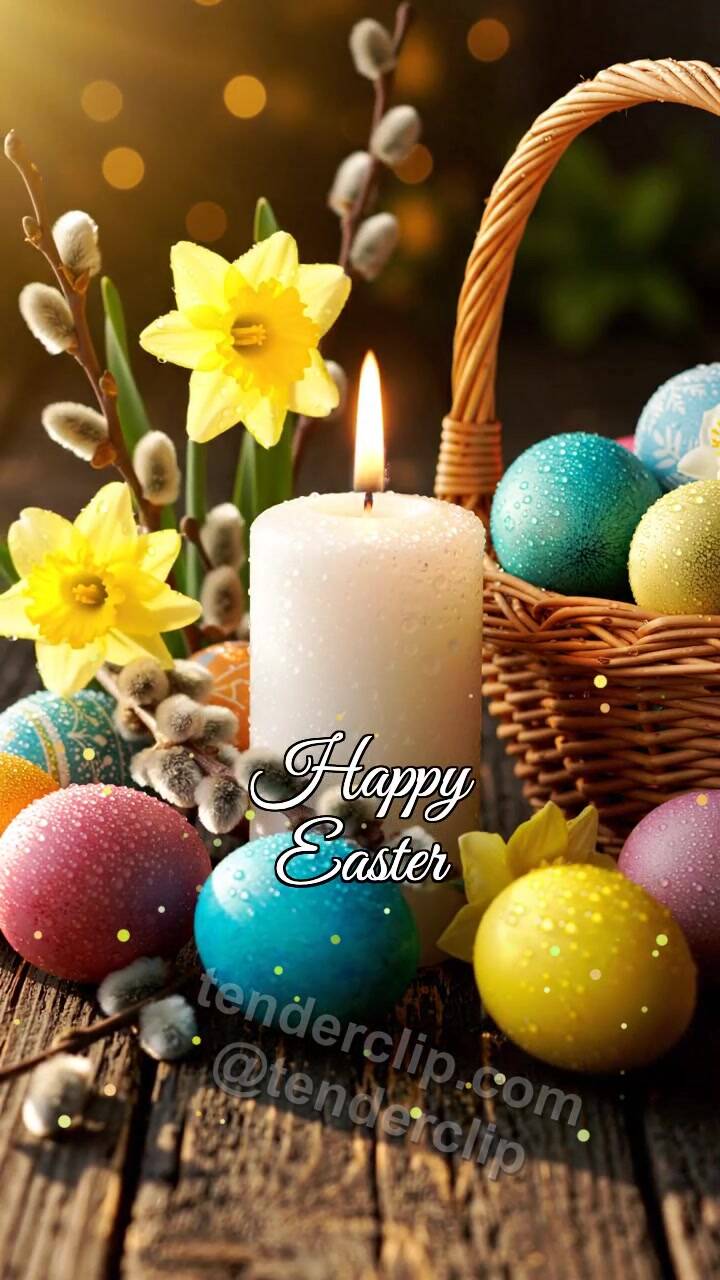Animated greeting card about Happy Easter: objects gather around the symbol
