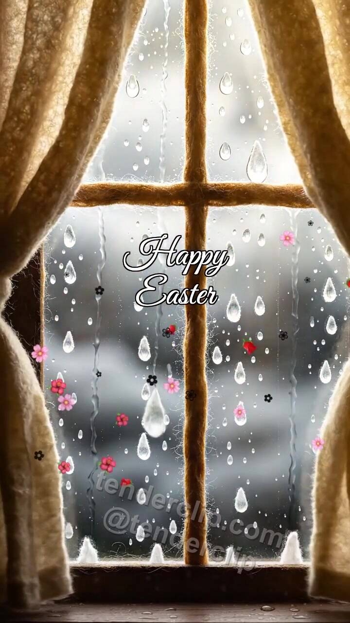 Animated greeting card about Happy Easter: rain clears into warm light