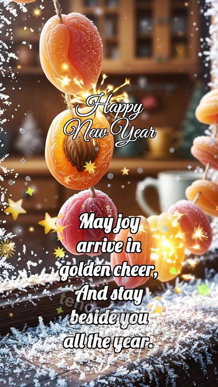Animated greeting card about Happy New Year: Apricot Garland Twinkles