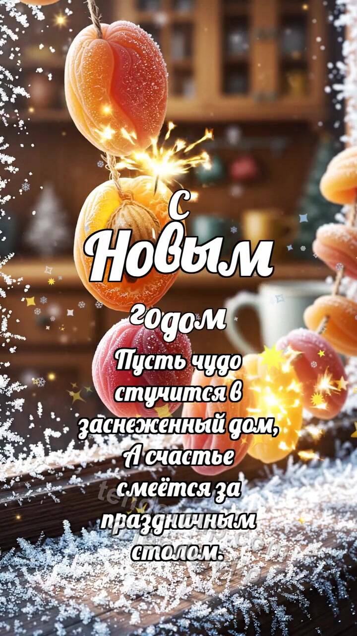 Анимационная открытка на тему С Новым годом: Абрикосовая гирлянда мигает