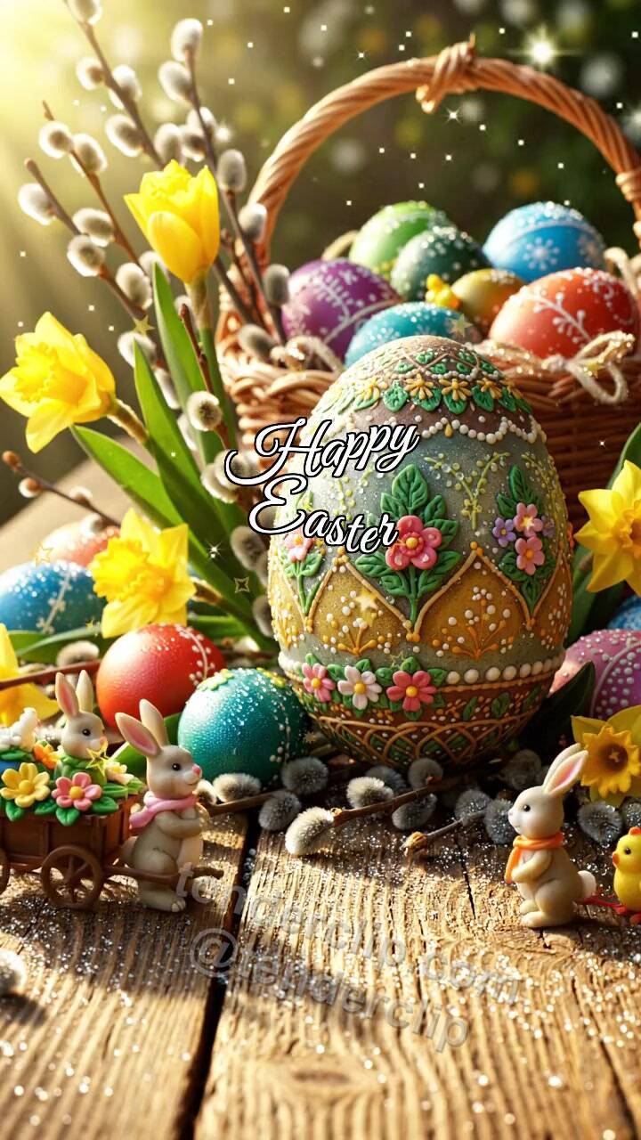 Animated greeting card about Happy Easter: tiny parade crosses the table