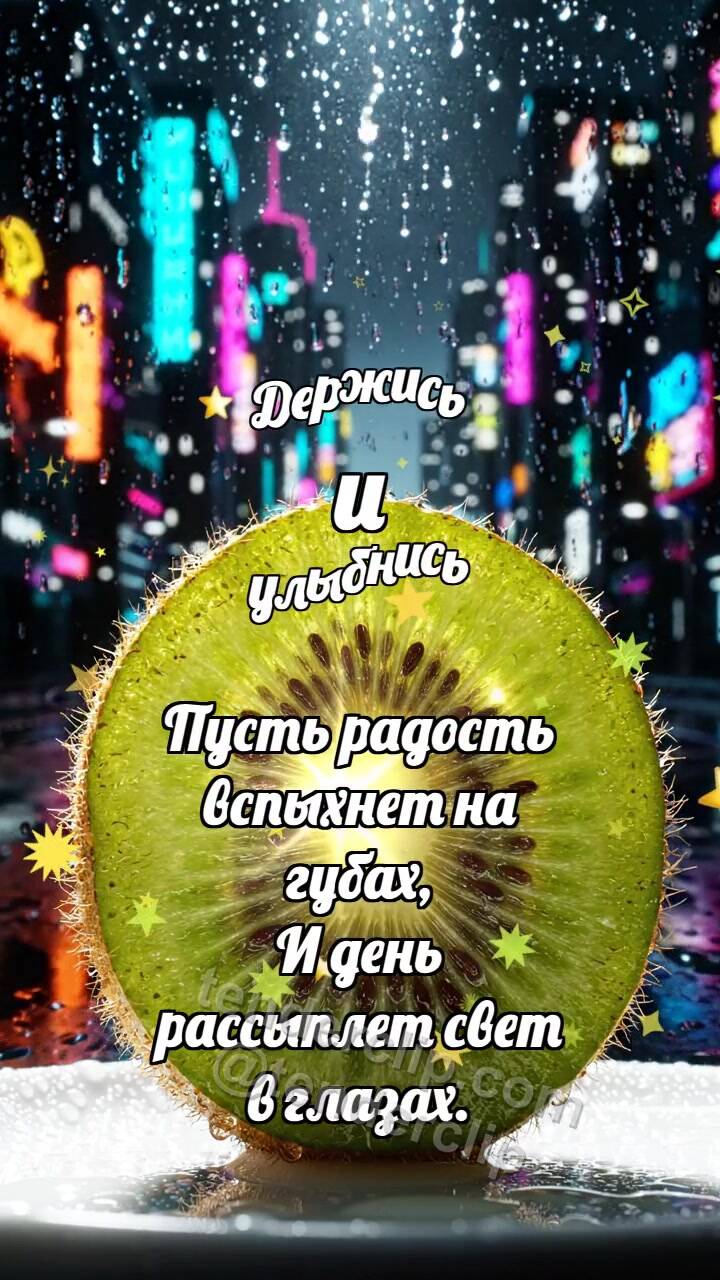 Анимационная открытка на тему Держись и улыбнись: Киви-ломтик ловит блик