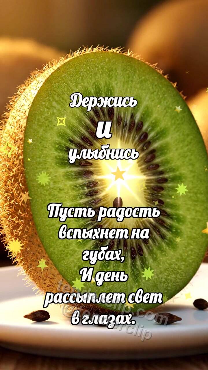 Анимационная открытка на тему Держись и улыбнись: Киви-ломтик ловит блик
