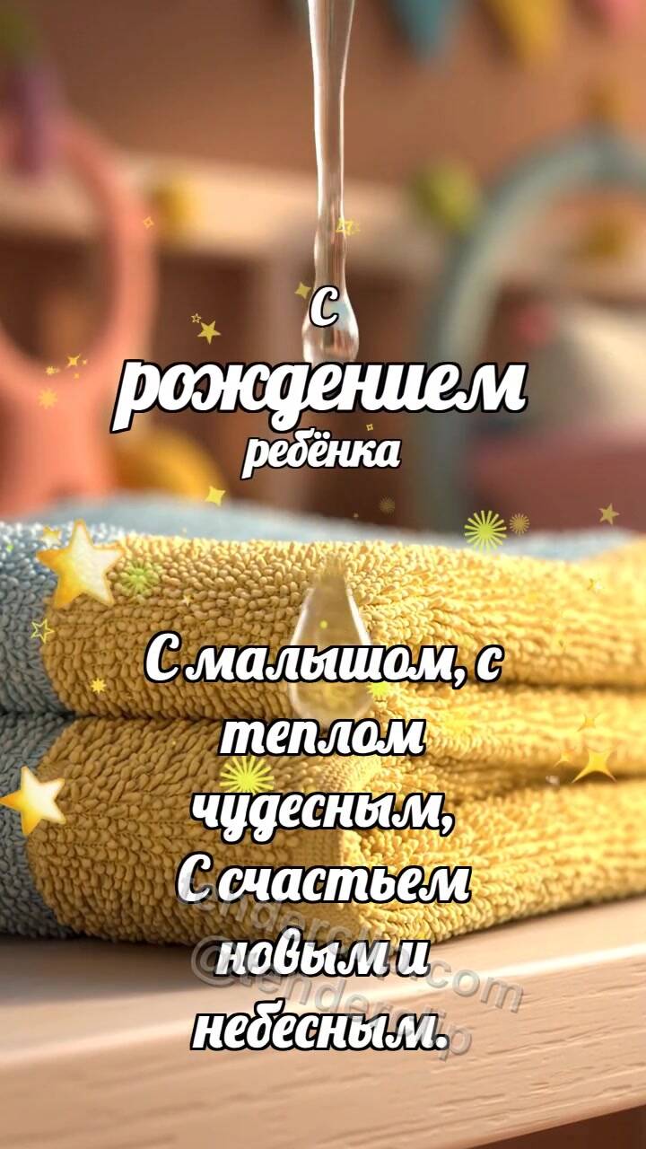 Анимационная открытка на тему С рождением ребёнка: Мягкое полотенце ловит каплю