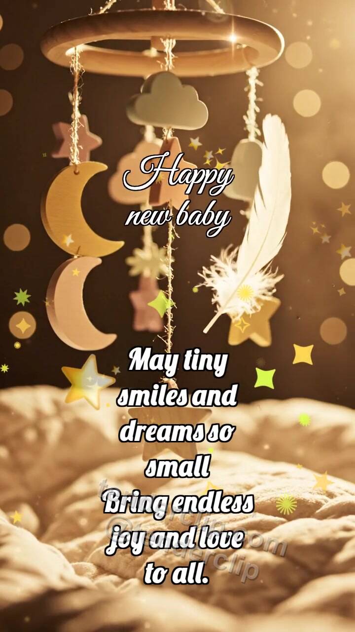 Animated greeting card about Happy new baby: Tiny Mobile Welcomes Feather