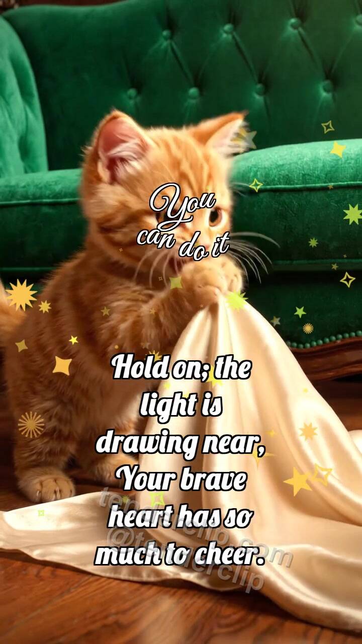 Animated greeting card about You can do it: Kitten Pulls Blanket