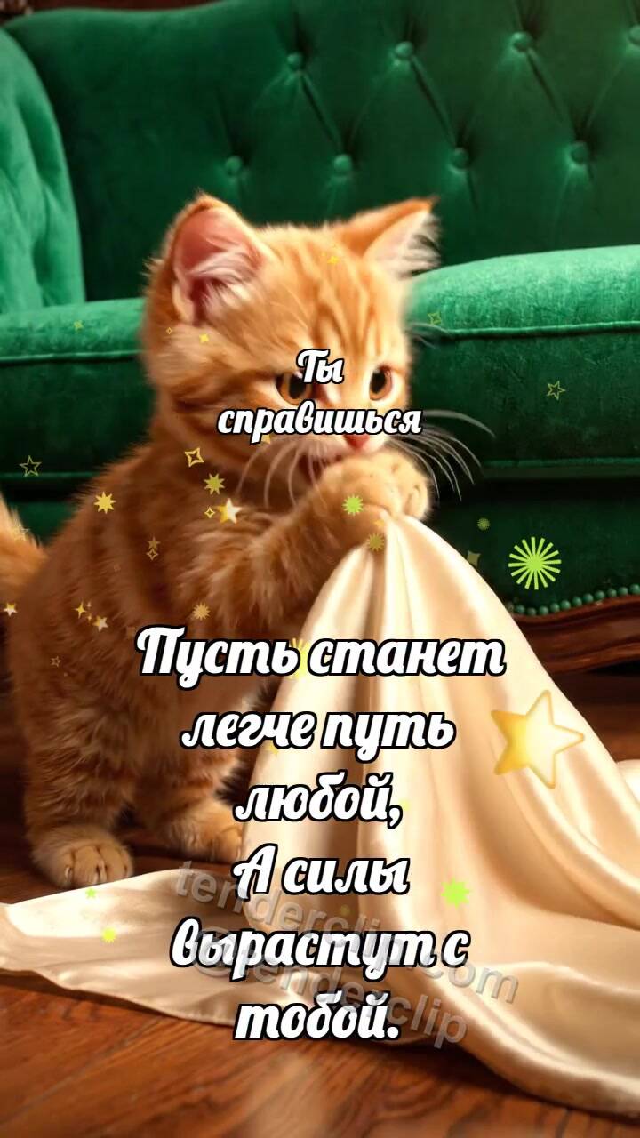 Анимационная открытка на тему Ты справишься: Котёнок тянет плед