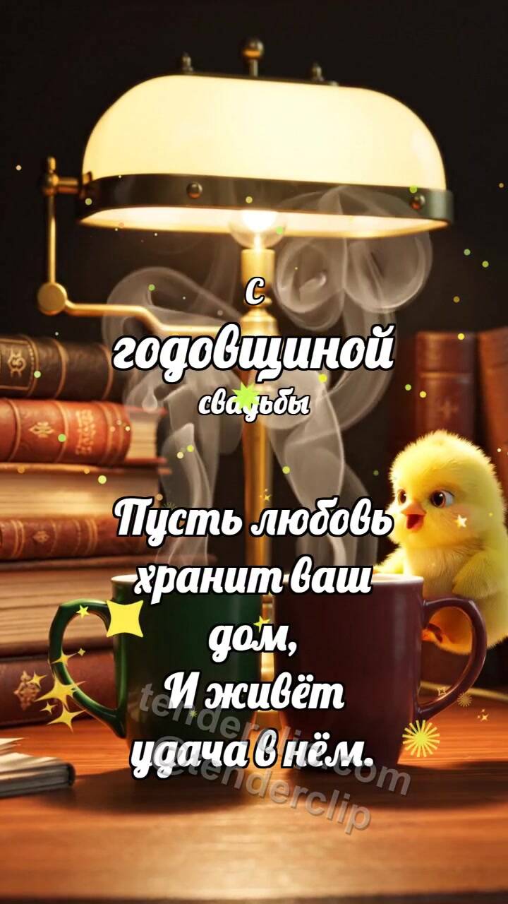 Анимационная открытка на тему С годовщиной свадьбы: Цыплёнок рядом с двумя чашками