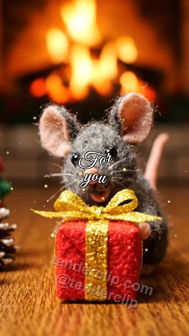 Animated greeting card about For you: mouse pushes a gift