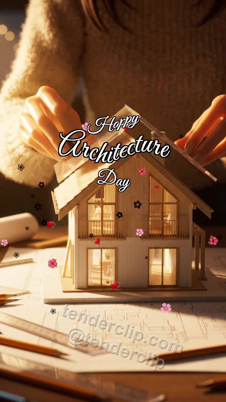 Animated greeting card about Happy Architecture Day: Model Gets Roof