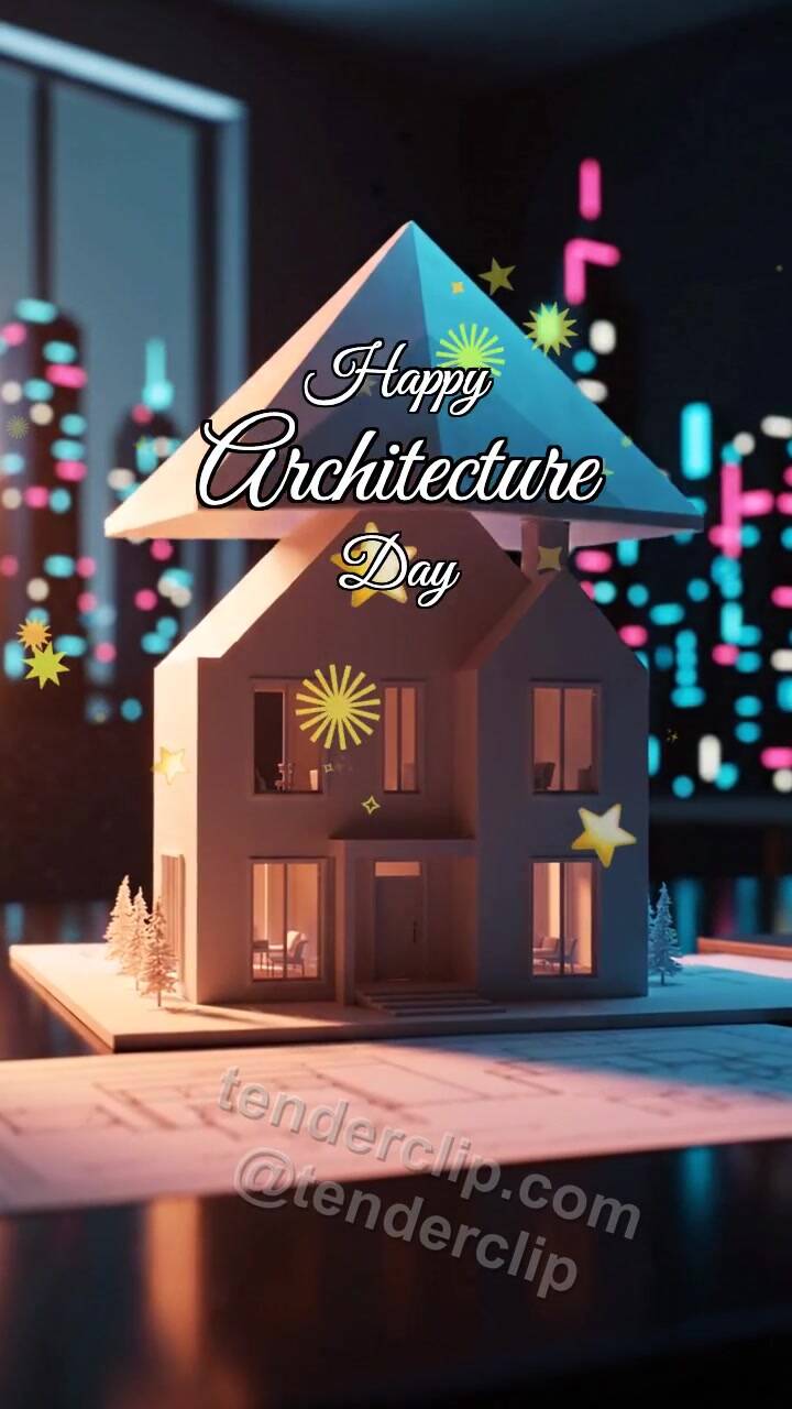 Animated greeting card about Happy Architecture Day: Model Gets Roof