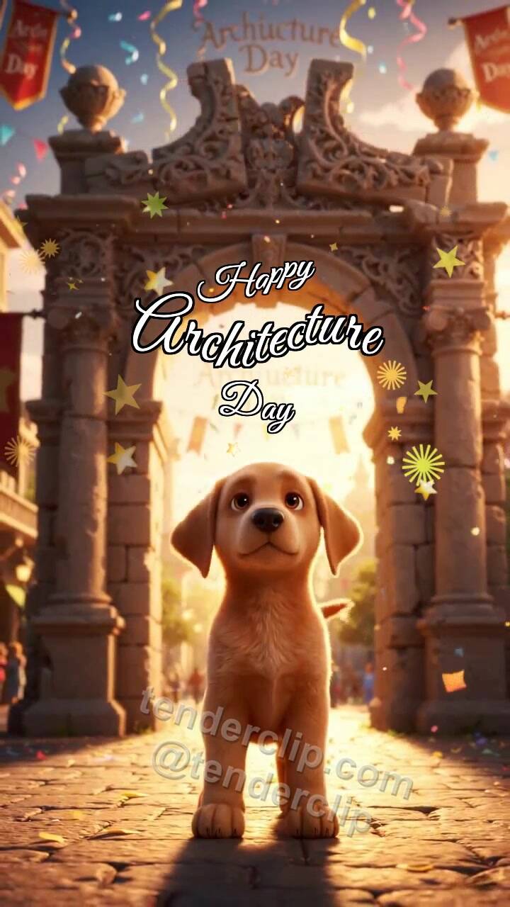 Animated greeting card about Happy Architecture Day: Puppy Under Gold Arch