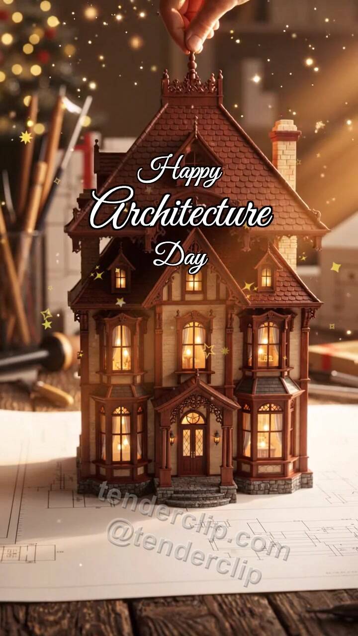 Animated greeting card about Happy Architecture Day: Model Gets Roof