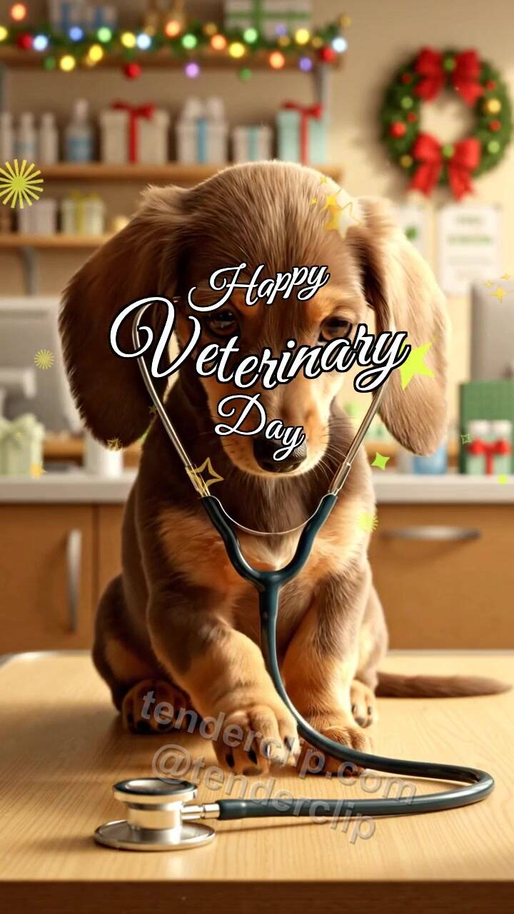 Animated greeting card about Happy Veterinary Day: Paw Touches Stethoscope