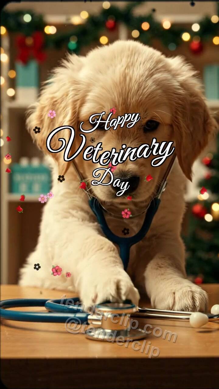 Animated greeting card about Happy Veterinary Day: Paw Touches Stethoscope