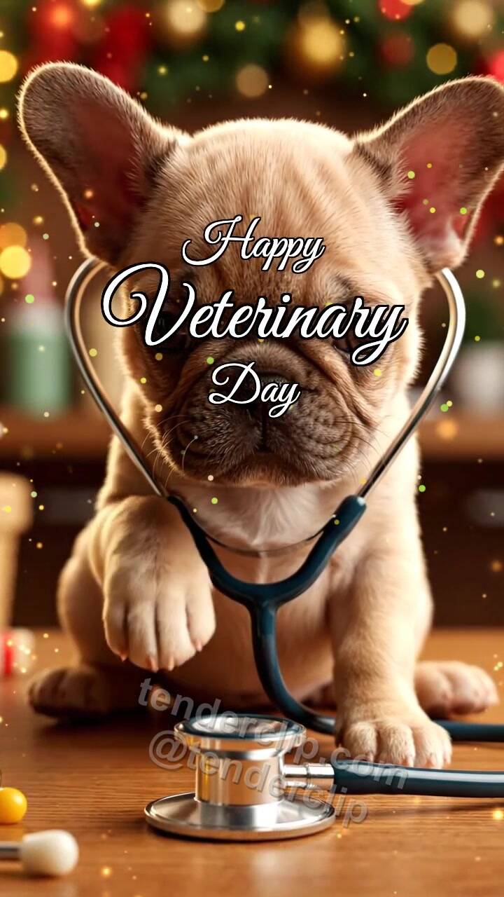 Animated greeting card about Happy Veterinary Day: Paw Touches Stethoscope