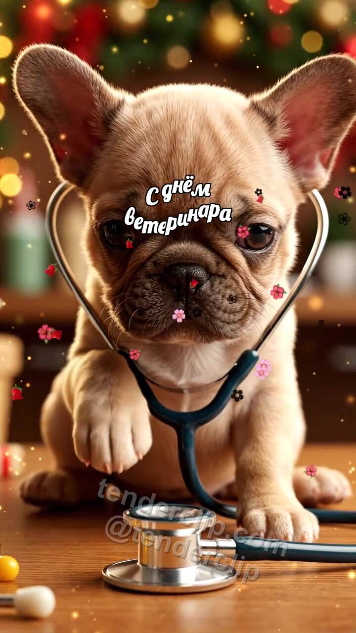 Анимационная открытка на тему С днём ветеринара: Лапка касается стетоскопа
