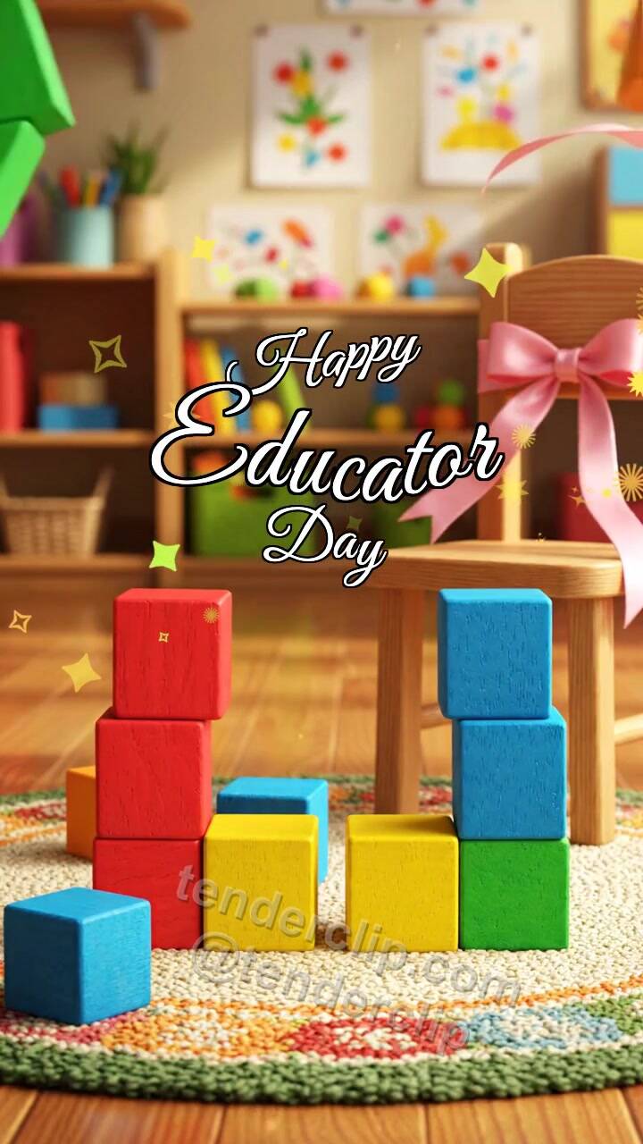 Animated greeting card about Happy Educator Day: Blocks Build Arch