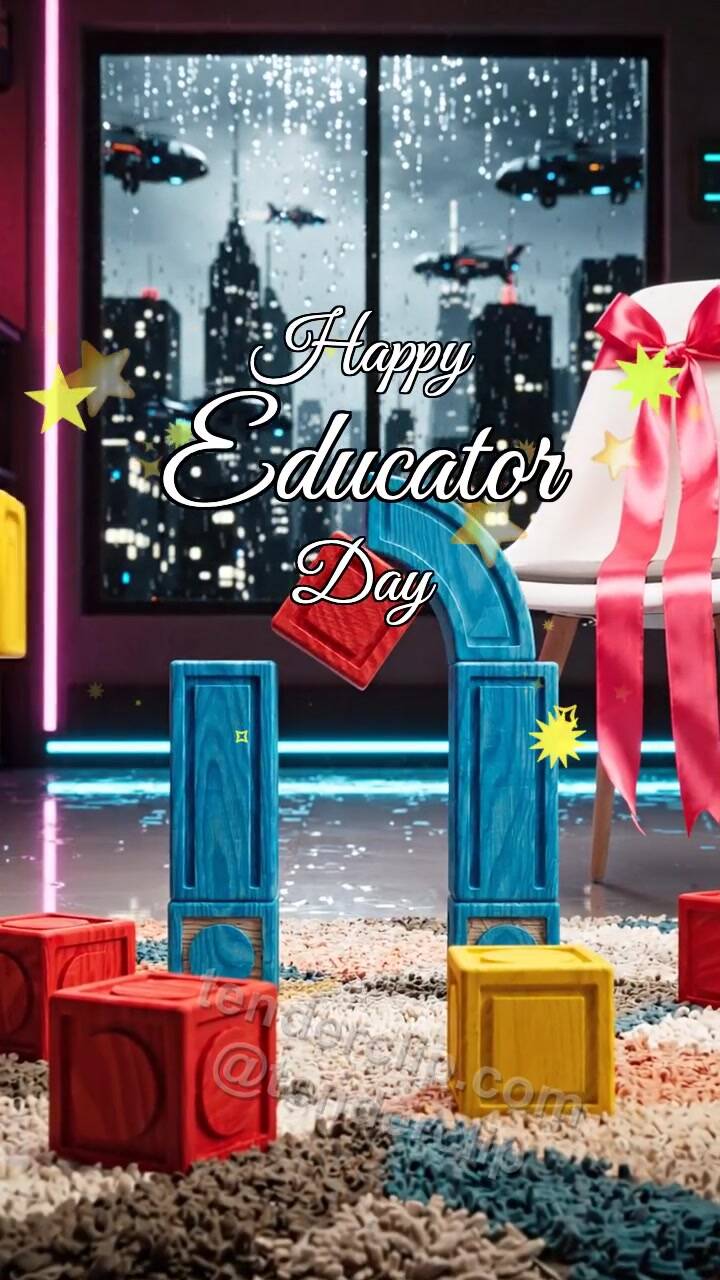 Animated greeting card about Happy Educator Day: Blocks Build Arch