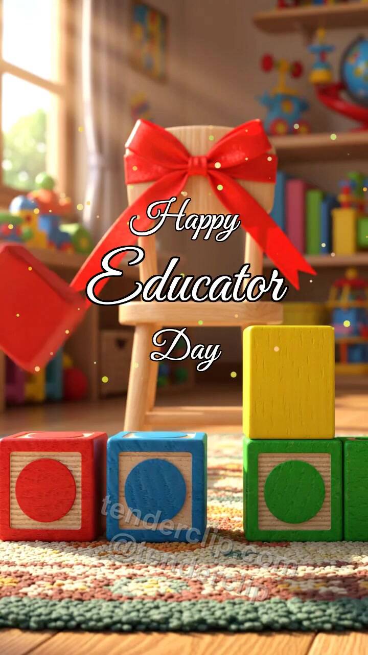 Animated greeting card about Happy Educator Day: Blocks Build Arch