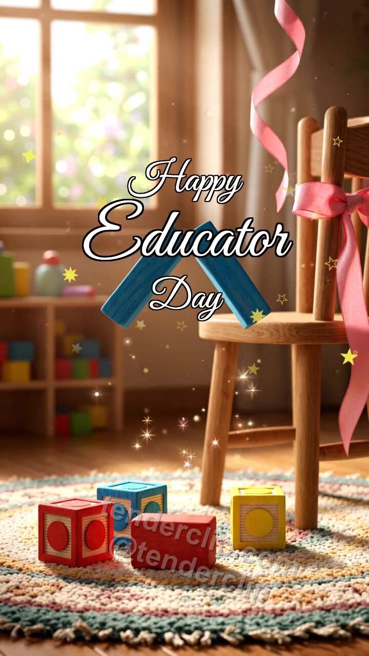 Animated greeting card about Happy Educator Day: Blocks Build Arch