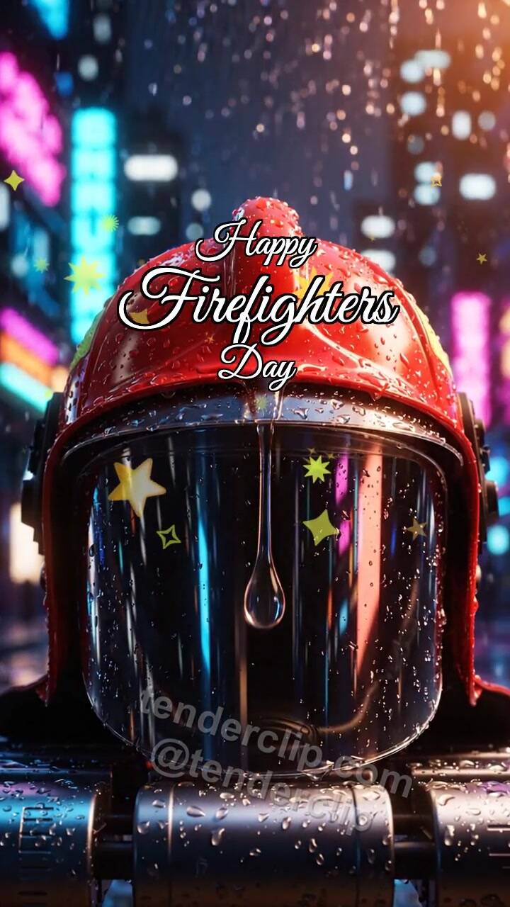 Animated greeting card about Happy Firefighters Day: Drop Shines on Helmet