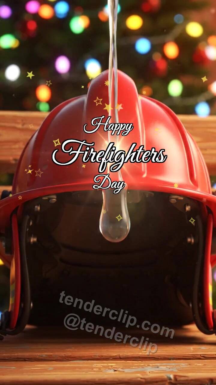 Animated greeting card about Happy Firefighters Day: Drop Shines on Helmet