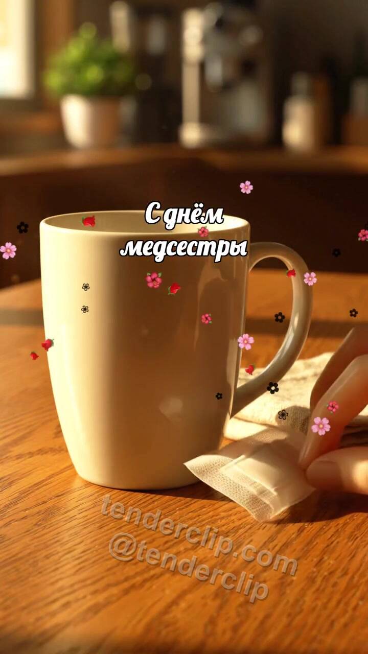 Анимационная открытка на тему С днём медсестры: Пластырь обнимает кружку