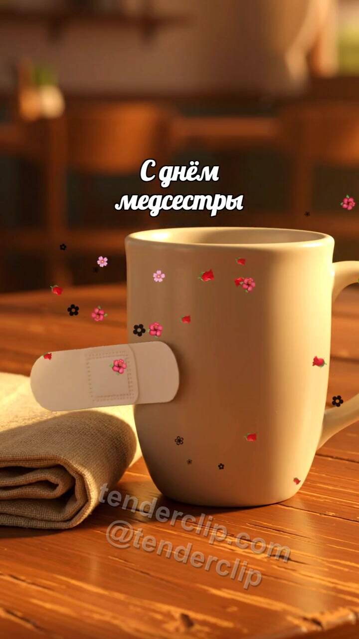 Анимационная открытка на тему С днём медсестры: Пластырь обнимает кружку