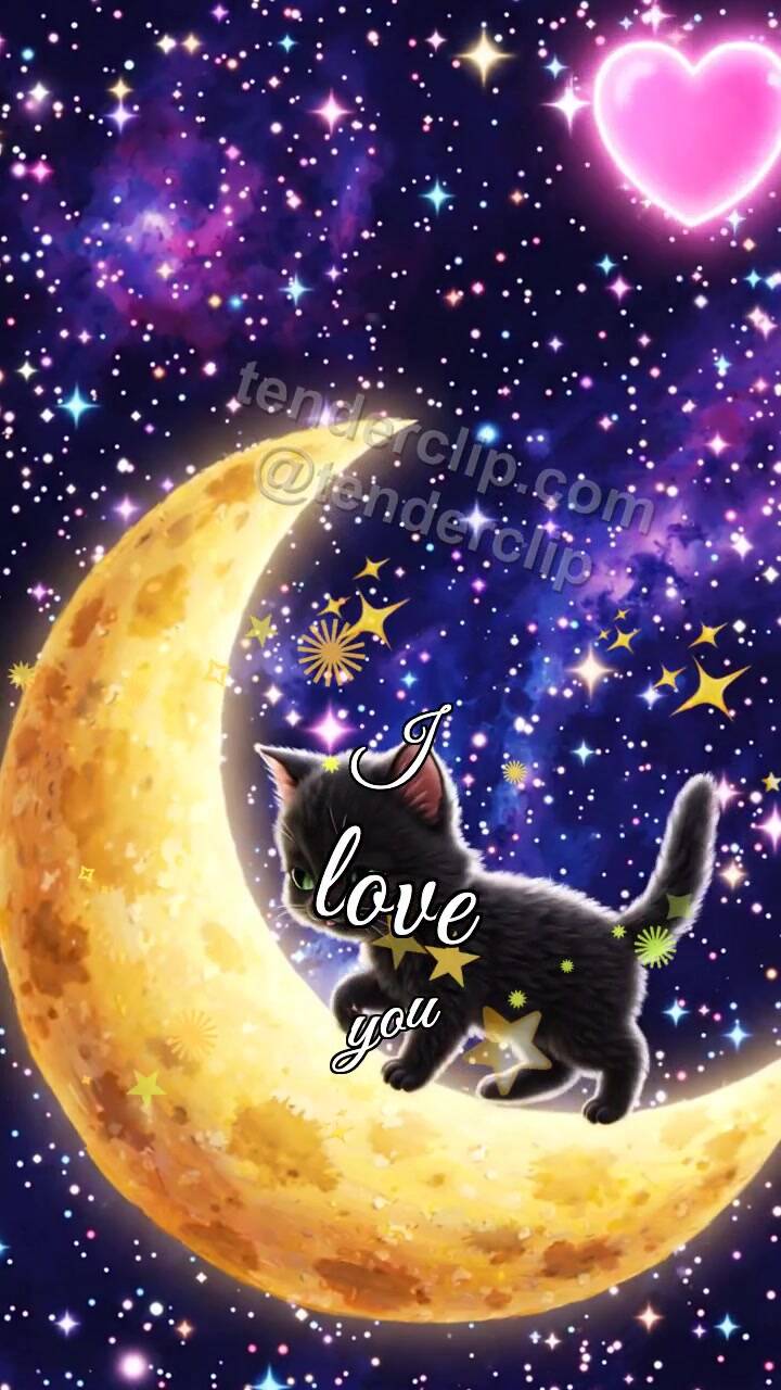 Animated greeting card about I love you: Moon Cat Heart