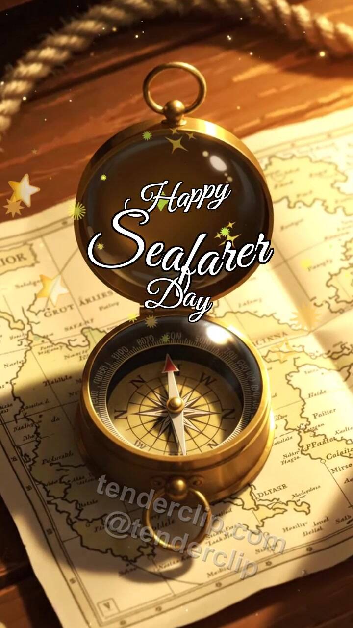 Animated greeting card about Happy Seafarer Day: Compass Finds Beam