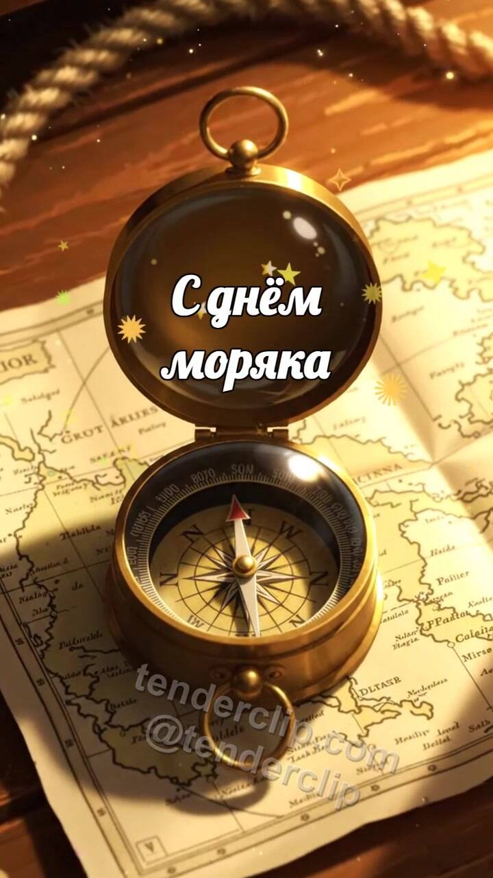 Анимационная открытка на тему С днём моряка: Компас ловит луч