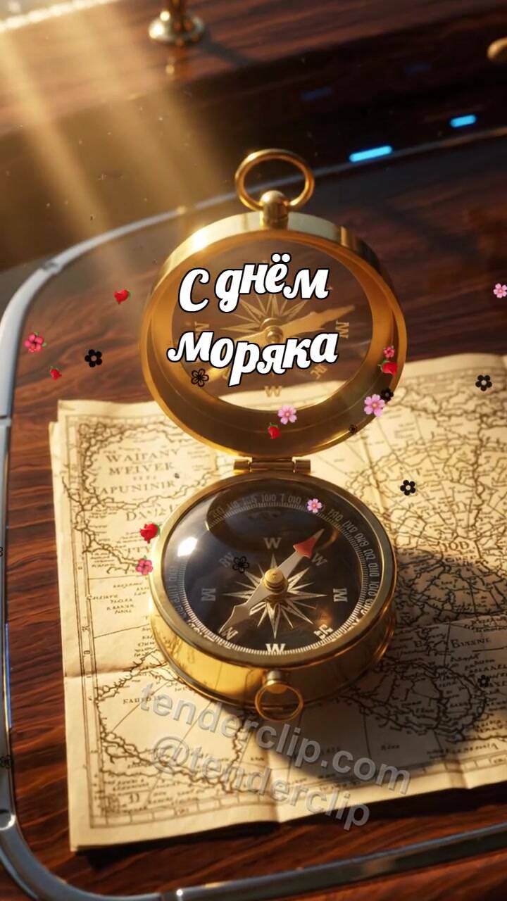 Анимационная открытка на тему С днём моряка: Компас ловит луч