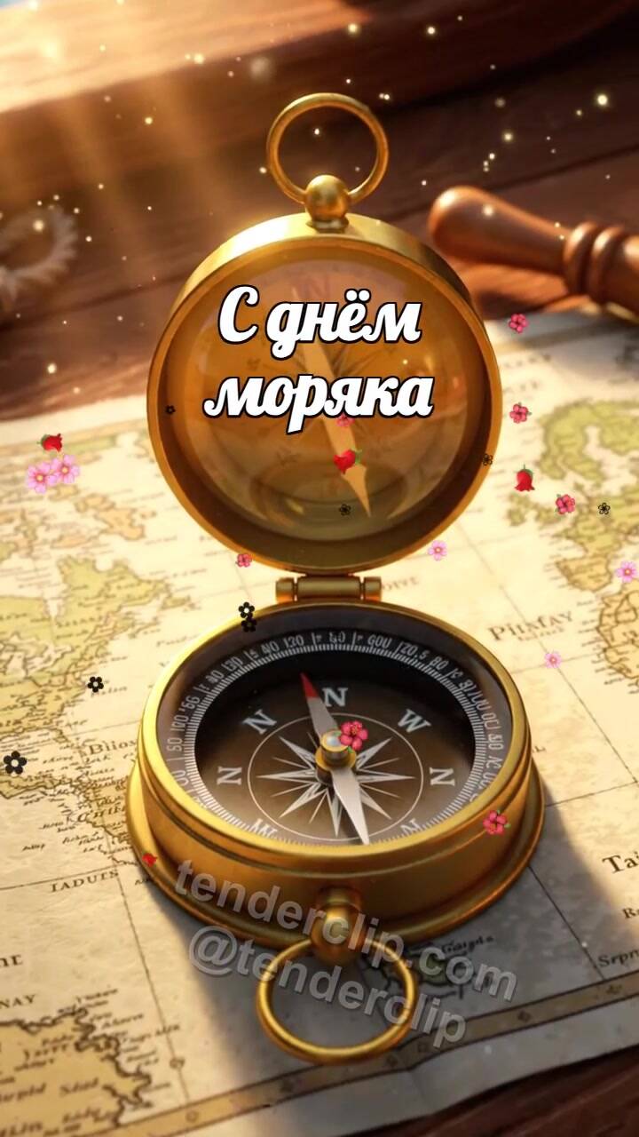 Анимационная открытка на тему С днём моряка: Компас ловит луч