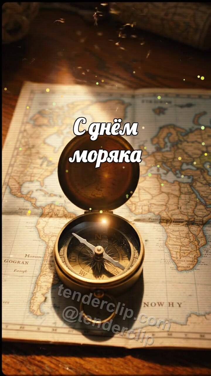 Анимационная открытка на тему С днём моряка: Компас ловит луч