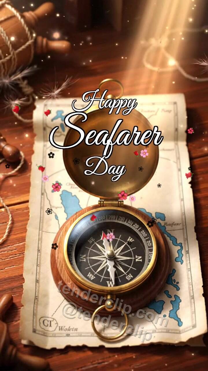 Animated greeting card about Happy Seafarer Day: Compass Finds Beam